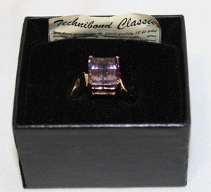 lot 400 image: Sterling silver Technibond vermeil (18K over sterling) Rainbow Ametrine (Citrine and Amethyst) gemstone ring. Marked 925. Size 10. In box. Ametrine tested.