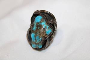 lot 405 image: Sterling silver artisan crafted LARGE Turquoise ring. No markings. Size 10.5