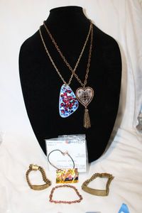 lot 441 image: Vintage copper and brass jewelry. Includes a freeform kiln baked enamel on copper large pendant necklace.