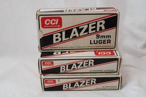 lot 8 image: Blazer 9mm Luger Cartridges, 3 Boxes of 50 Count