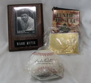 lot 19 image: Babe Ruth Lot Baseball, Gold Card and Plaque