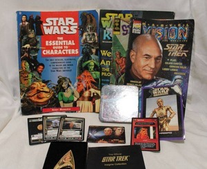 lot 522 image: Science Fiction Lot Star Trek Insignia, Trading Cards, Coasters and Magazines Plus Star Wars Book and Magazine