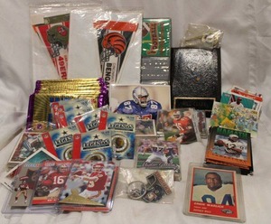 lot 530 image: Football Trading Cards, Broncos Key Ring, Pennants as shown