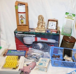 lot 536 image: Misc. Lot Thermassage, Glue Gun and Sticks, Travel Tumbler and Coins (1920-1958 Wheat Pennies, Susan B. Dollar Coins, 3 silver dimes, 1 buffalo nickle, and 50,20,2, &1 cent euro coins