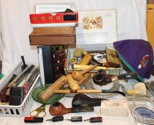 lot 537 image: Smoking Pipe Lot Hand Carved Pipe with case reads made in Turkey, Large Assortments of Pipes including handmade carved pipes, Cigar Boxes and More