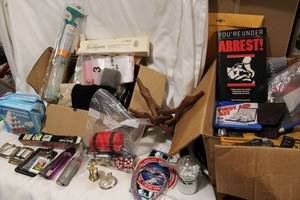 lot 538 image: Large lot of Vintage and misc Items incl. vintage Pocket watch, STS-83 shuttle patch, 1 min sand glass, Hand carved single wood piece intertwined figures, keys, air mobility patch and more see pics and preview