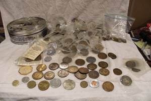 lot 505 image: Brass Commemorative coins and misc coins, NAHC, Handyman Club, Restaurant coins, Sport Illustrated Olympic coin, Nascar, Cosino coins, Chuckie Cheese, and more Very Large Quantity.