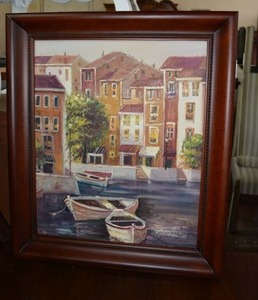 lot 91 image: Framed Painting of Boats in the Harbor signed by artist