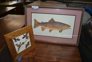 lot 95 image: Framed Brown Trout Wall Art by Klatt and The Wama Co. Birds Clock