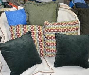 lot 105 image: Green and Multi-colored Throw Pillows Plus Small Pillow Blue Handmade Cover, see pictures