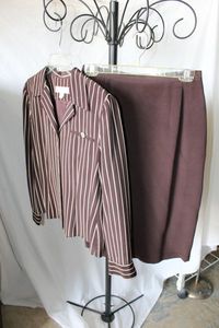 lot 245 image: Miller Shor 100% Silk Skirt and Blouse, Brown and White Stripe Blouse, Size 8