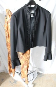 lot 250 image: Oscar de la Renta Sequin Evening Jacket with Beaded Bell Sleeves size 8, and Company Ellen Tracy Size 8 Pant and Top Brown Camo Print
