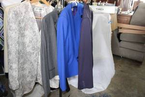 lot 158 image: Womens Clothes Ellen Tracy Jacket Plum Color Size 8, Womens Handmacher Jacket, Ralph Lauren Jacket Size 10, Liz Claiborne Suit Jacket, Evan-Picone Cream Colored Suit Jacket and Ellen Tracy Long Skirt