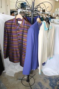 lot 157 image: Womens Clothes Christian Dior MultiStripe Jacket Size 10, Finity Studio Top Size 10, St. John Collection Front Zippered Sweater Size 12, PantSkirtJacket Outfit