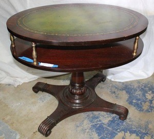 lot 186 image: Green Leather 2-Tiered Drum Table with Brass Spindles
