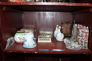 lot 131 image: Misc. Lot Jewelry Boxes, Homco Ceramic Ducks, 1987 Plaque, Slender Christmas Village