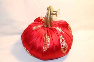 lot 340 image: Chinoiserie Lucore 5 Fortune red and gold brocade silk prosperity door stop in pomegranate form 8W x 8H, Vintage, Unusual