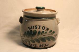 lot 359 image: Signed thrown grey and blue pottery stoneware lidded crock with Boston 1630 inscription. No chips.