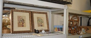 lot 204 image: 2 Framed Flower Prints, Stroller Basket, Beach And Shell Wall Art and Decorations