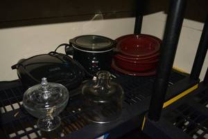 lot 210 image: Red Dishes, Simply Perfect Cooker, Cooks Griddle, Glass Candy Dish
