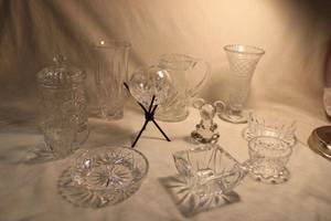 lot 321 image: Assorted Crystal - Includes (2) vases including a frosted flared vase (one might be Marquis By Waterford), bowls, lidded biscuit jar, mouse figure and more