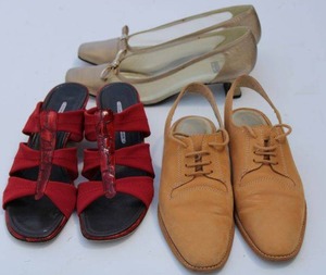 lot 55 image: Womens Shoes Stuart Weitzman Gold Matte LameNude Mesh (Size 9.5 N), Cappagallo Lambert Natural Nubuck (Size 9 12 N), and Donald J Pliner Shoes Red Mesh ElasticTortoise (Size 10N) Shoes