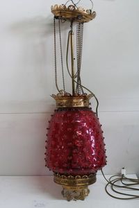 lot 272 image: Vintage Cranberry Hobnail Glass Hanging Light Fixture 30 Tall