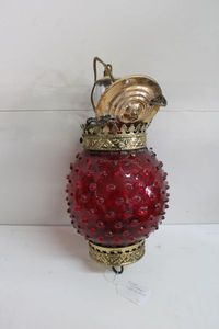 lot 273 image: Vintage Cranberry Hobnail Glass Hanging Light Fixture   Approx. 18 Tall