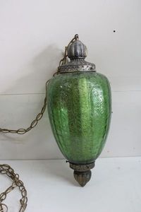 lot 261 image: Vintage Green GlobeSwag Hanging Light Fixture  Approx. 21 Tall Plus Chain Wrapped Cord