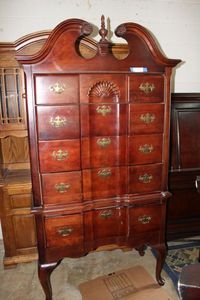 lot 3 image: Queen Anne Tall Dresser with Center Finial and Brass Handles