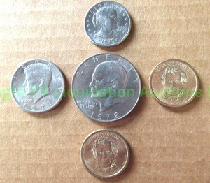 lot 183 image: Susan B Anthony dollar, gold clad presidential commemoratives, Kennedy half and Ike dollar