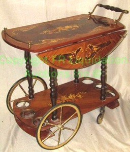 lot 40 image: Vintage drop leaf serving cart, ribbon mahogany and inlaid secondary wood veneer