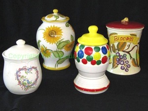 lot 31 image: Vintage figural bubble gum machine ceramic cookie jar and Nonnis hand painted ceramic lidded cookie jars as shown