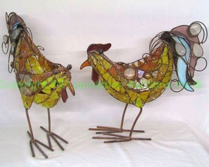 lot 34 image: Unique stained glass rooster candle holders, approx. 15 tall