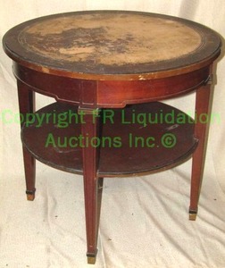 lot 39 image: Vintage mid century red mahogany accent table, top needs restoration work