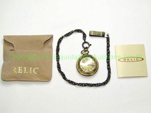 lot 62 image: Relic contemporary quartz pocket watch with attached fob. In pouch w booklet. Stamped metal back w floral design.