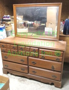 lot 262 image: Retro vanity dresser wood base laminate top, bottom facia trim needs reattached