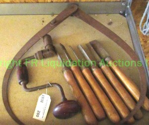 lot 280 image: Vintage tools including hand crank drill, steel calipers, and chisels