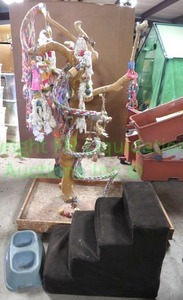 lot 203 image: Large Wood tree bird perch with accessories (needs cleaned) and other pet supplies as shown