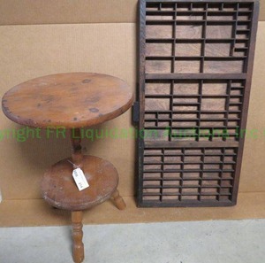 lot 214 image: Vintage dumbwaiter table and Antique Hamilton print press letter sorting drawer