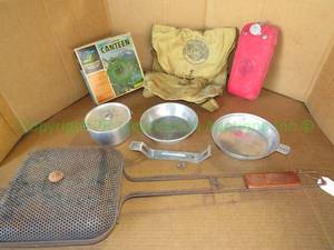 lot 219 image: Vintage Boy Scouts of America canteen, camp dish set, and other vintage camping items