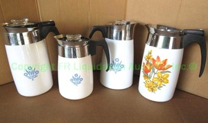 lot 223 image: Retro Corning Ware glass stove top coffee perculators (one is missing the lid)