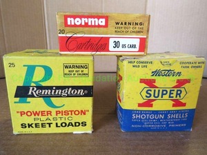 lot 228 image: Remington and Western 20 ga. shotgun shells, and Norma 30 caliber US carbine ammunition