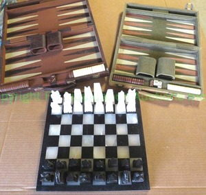 lot 239 image: Onix Mendoza stone chess set made in Mexico and two back gammon sets