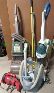 lot 197 image: Hoover steam vac, Eureka enviro steamer, Dirt devil hand vac, and Hoover spin scrib floor mate
