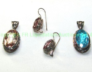 lot 321 image: (3) Signed Sterling silver SAJEN Celestial Paraiba Rutilated Quartz. Pink Quartz with matching earrings and a Blue Quartz pendant. All marked 925 and Sajen.