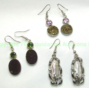 lot 98 image: (3) Sterling silver earrings. Includes blister pearl and Topaz and (2) pairs of Drusy and quartz earrings. Unmarked.