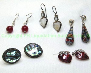 lot 330 image: (5) Sterling silver earrings. Includes a pair of heart Mother Of Pearl and Blue Topaz, Paua Shell, stretched millefiori glass, Faceted Garnet glass, Plus All marked 925.