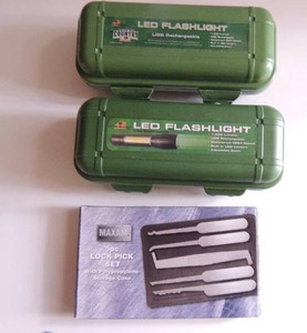 lot 70 image: LED rechargeable flashlight 1 camo and 1 black &  5 piece lock pick set NIB