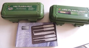 lot 85 image: LED rechargeable flashlight 1 camo and 1 black   & 5 piece lock pick set NIB